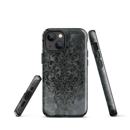 Dark damask patterned phone case with a vintage gothic aesthetic and textured stone background.