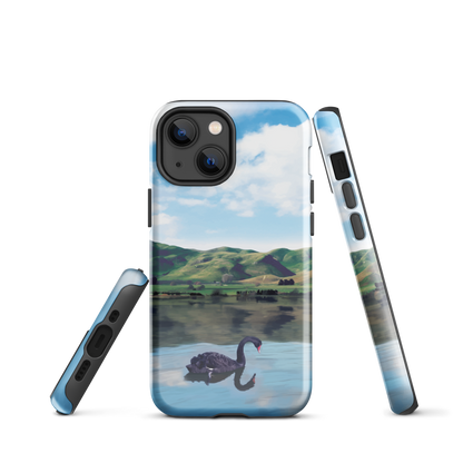 Phone case with a black swan on a calm lake, New Zealand hills in the background. Art by NZ designer Ben Hart.