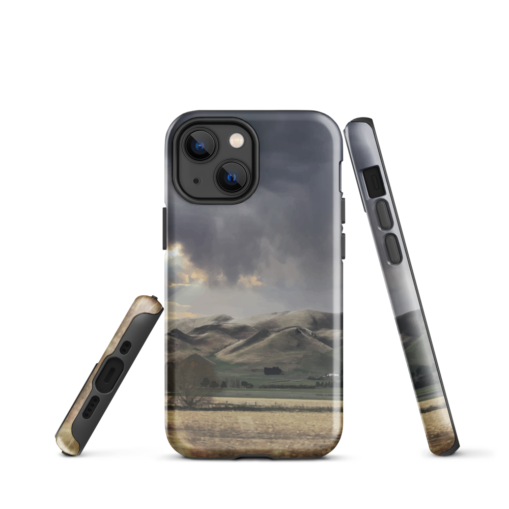 Designer phone case with NZ landscape painting of Te Hauke and cloudy skies by Ben Hart.