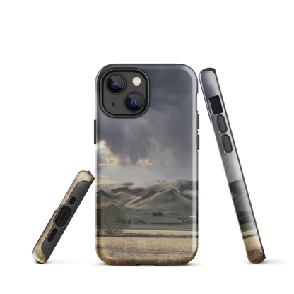 Designer phone case with NZ landscape painting of Te Hauke and cloudy skies by Ben Hart.