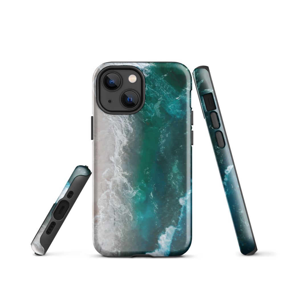 Ocean wave phone case with abstract beach design in teal and white, by NZ artist Ben Hart.