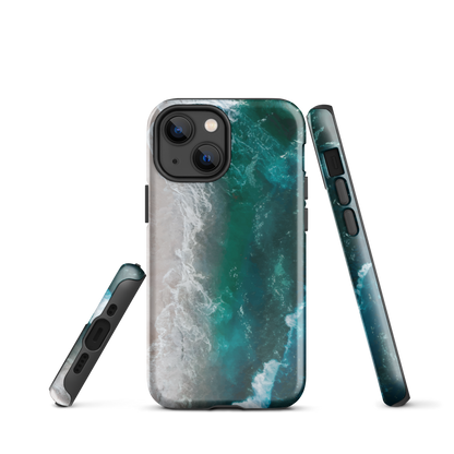 Ocean wave phone case with abstract beach design in teal and white, by NZ artist Ben Hart.
