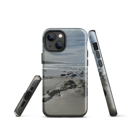 Phone case with artwork of Riversdale Beach, Masterton – rocks, waves and sky by NZ artist Ben Hart.