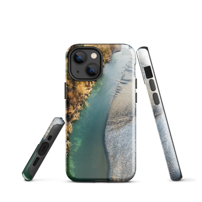 Phone case with aerial riverbend artwork and earthy tones, designed by New Zealand artist Ben Hart.