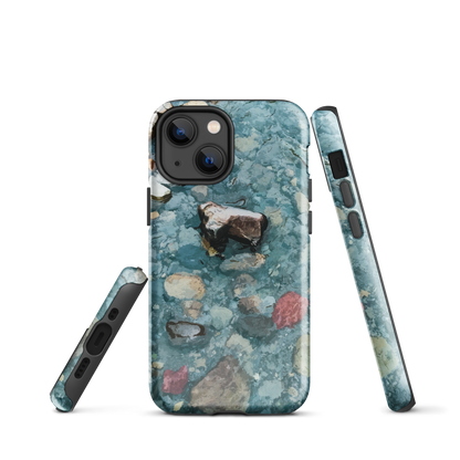 Washed Away designer phone case with abstract river stone artwork in earthy blues and natural tones.