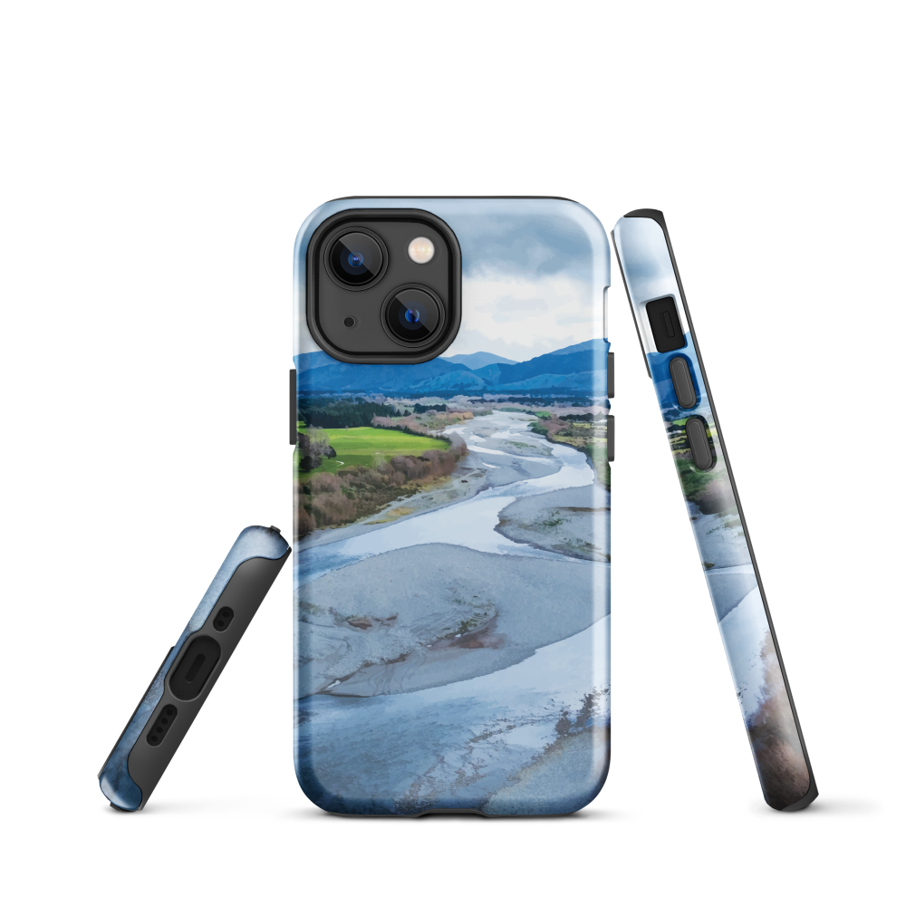 Waiohine phone case featuring artwork of New Zealand’s braided riverbed landscape in the Wairarapa.