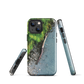 Resting Place phone case with aerial artwork of river rocks, green bush, and driftwood in a New Zealand stream.