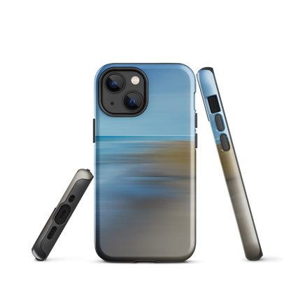 Ocean Breeze phone case with abstract blue and sandy tones inspired by sea and sky.