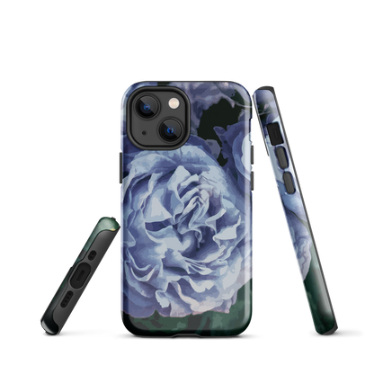Designer phone case with a bold blue rose artwork and glossy finish.
