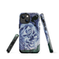 Designer phone case with a bold blue rose artwork and glossy finish.