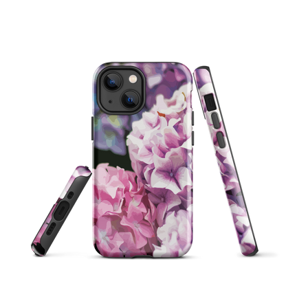 Designer phone case with pink and purple hydrangea floral artwork.