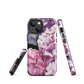 Designer phone case with pink and purple hydrangea floral artwork.