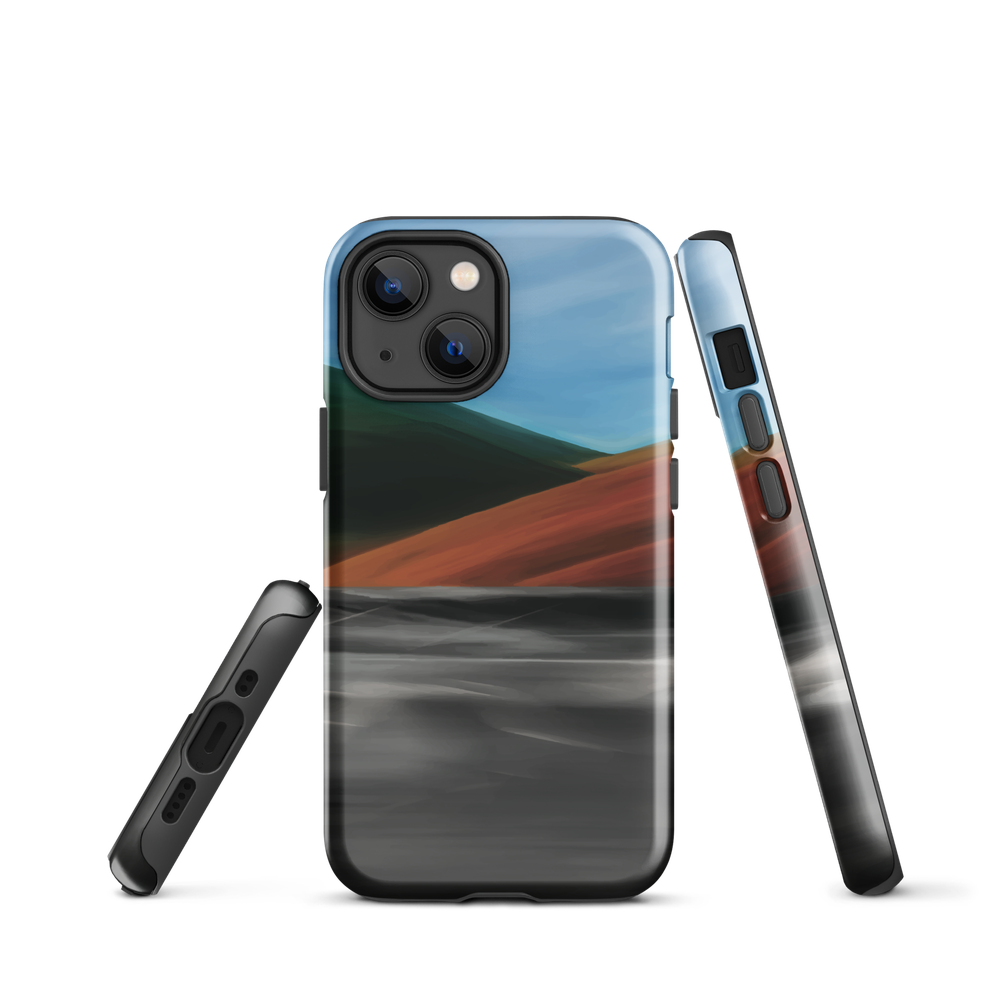 Phone case with abstract red, green, and blue heat wave landscape design.