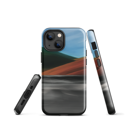 Phone case with abstract red, green, and blue heat wave landscape design.