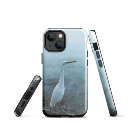 Phone case with a white heron standing in a misty wetland scene.