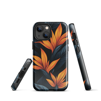 Phone case with bold orange bird of paradise flowers on dark background.
