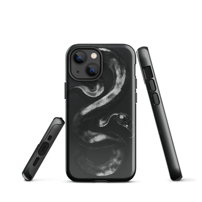 Phone case with detailed black python design on dark background.