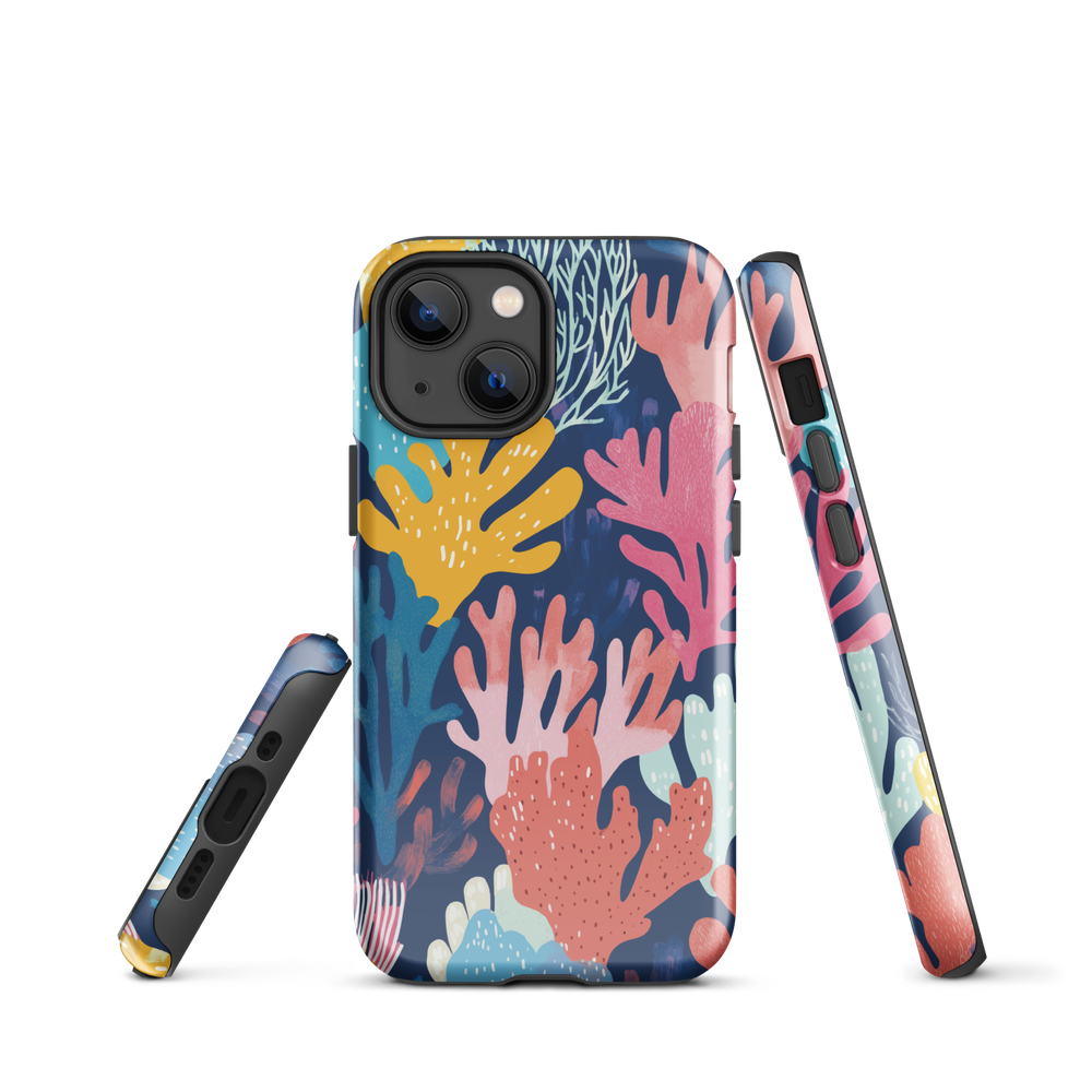 Colourful coral reef phone case design in pink, blue and yellow by NZ artist Ben Hart