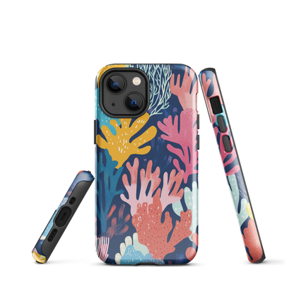 Colourful coral reef phone case design in pink, blue and yellow by NZ artist Ben Hart