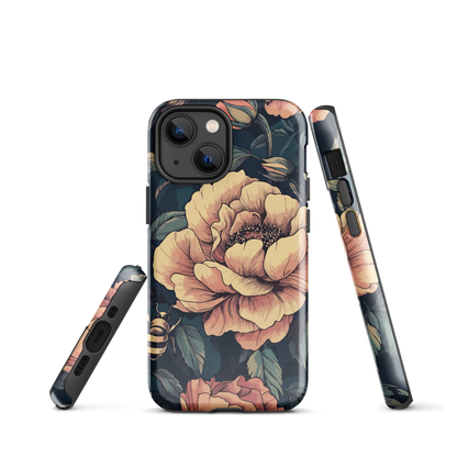Phone case with vintage-style pink roses and bees on dark background, floral New Zealand artwork.