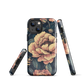 Phone case with vintage-style pink roses and bees on dark background, floral New Zealand artwork.
