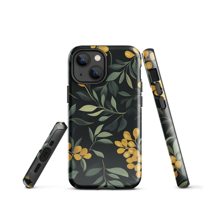 NZ Kowhai phone case with native yellow floral and green leaves on black background by designer Ben Hart.