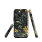 NZ Kowhai phone case with native yellow floral and green leaves on black background by designer Ben Hart.