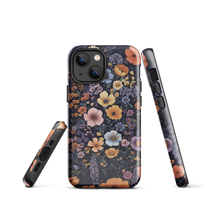 Phone case with colourful wildflowers on dark background, floral art design