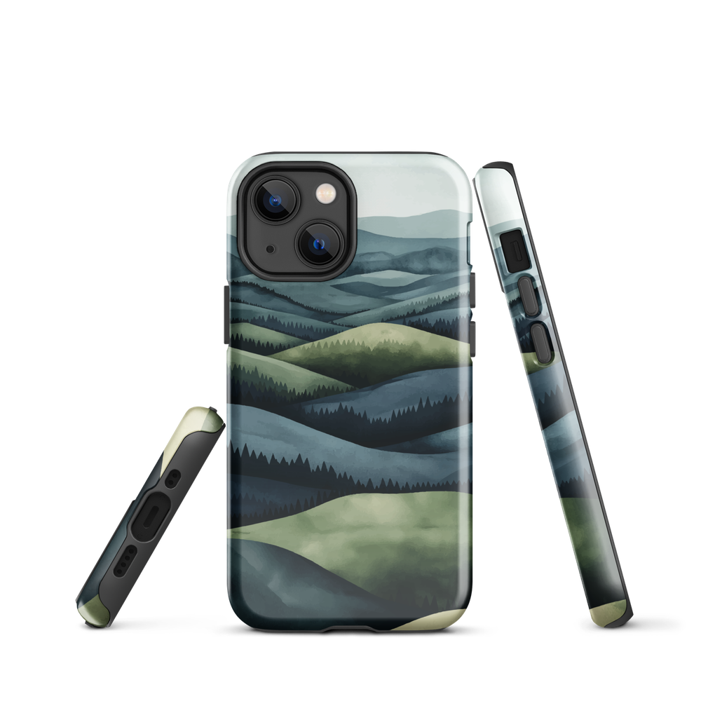 Phone case with layered mountain and forest landscape in blue and green hues