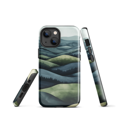 Phone case with layered mountain and forest landscape in blue and green hues