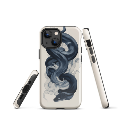 Phone case with black python and smoke design on cream background