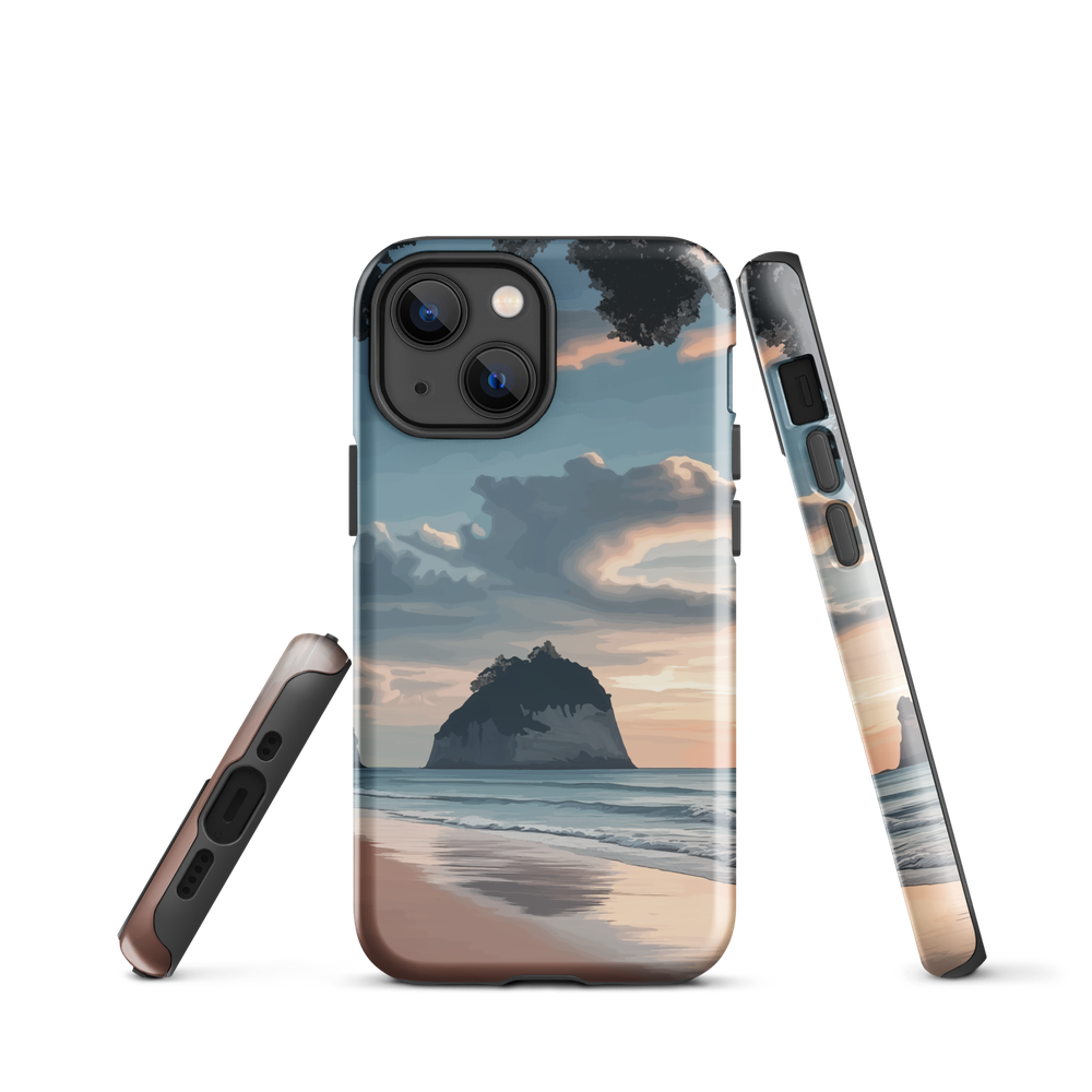 Phone case with Cathedral Cove beach and sunset scene, featuring soft skies and sea stack