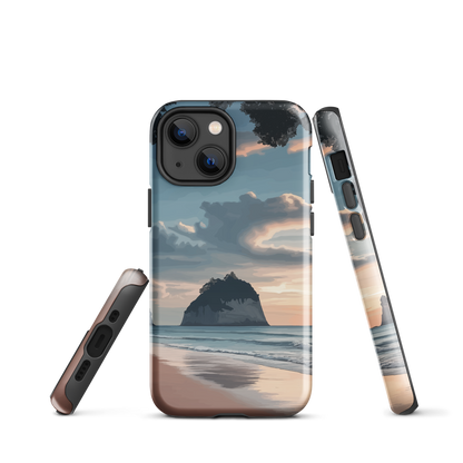 Phone case with Cathedral Cove beach and sunset scene, featuring soft skies and sea stack