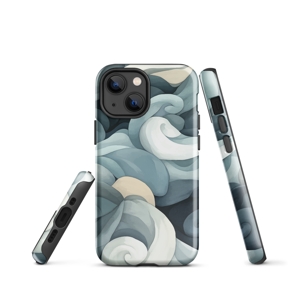 Phone case with abstract swirling ocean waves in blue and cream