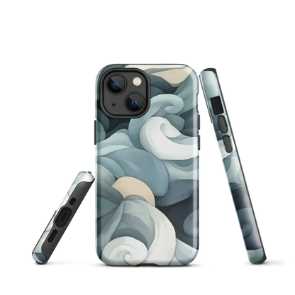 Phone case with abstract swirling ocean waves in blue and cream