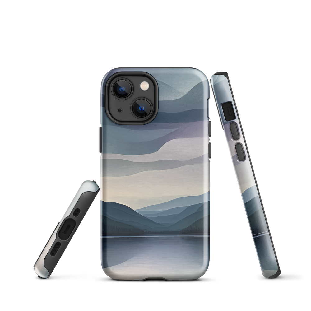 Phone case with moody blue and purple layered mountain and lake landscape artwork