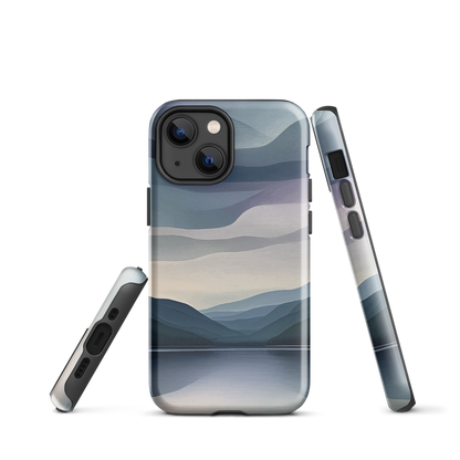 Phone case with moody blue and purple layered mountain and lake landscape artwork