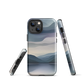 Phone case with moody blue and purple layered mountain and lake landscape artwork