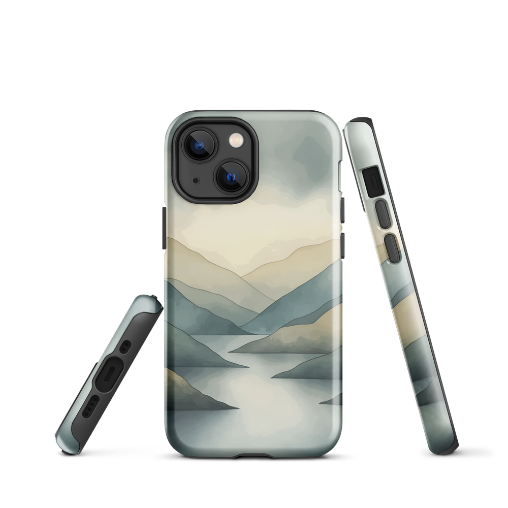 Phone case with soft mountain and valley design in misty green, blue, and golden tones