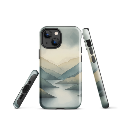Phone case with soft mountain and valley design in misty green, blue, and golden tones