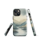 Phone case with soft mountain and valley design in misty green, blue, and golden tones