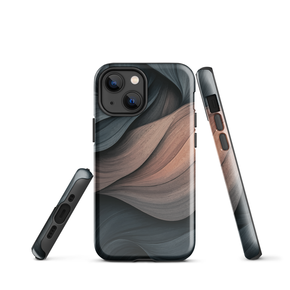 Phone case with flowing abstract design in black, copper and charcoal tones, inspired by dusk shadows