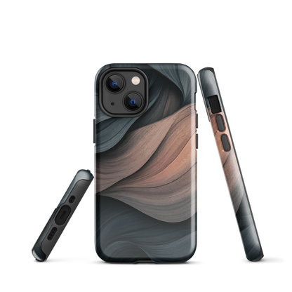 Phone case with flowing abstract design in black, copper and charcoal tones, inspired by dusk shadows