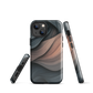 Phone case with flowing abstract design in black, copper and charcoal tones, inspired by dusk shadows