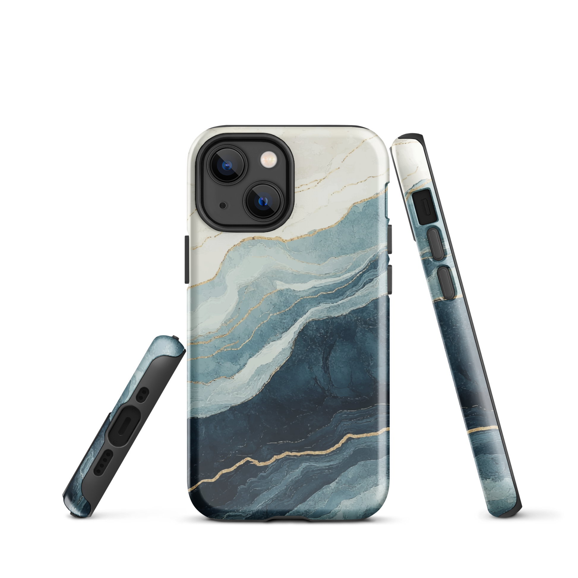 An elegant abstract phone case inspired by layered coastal forms in blue and teal tones.