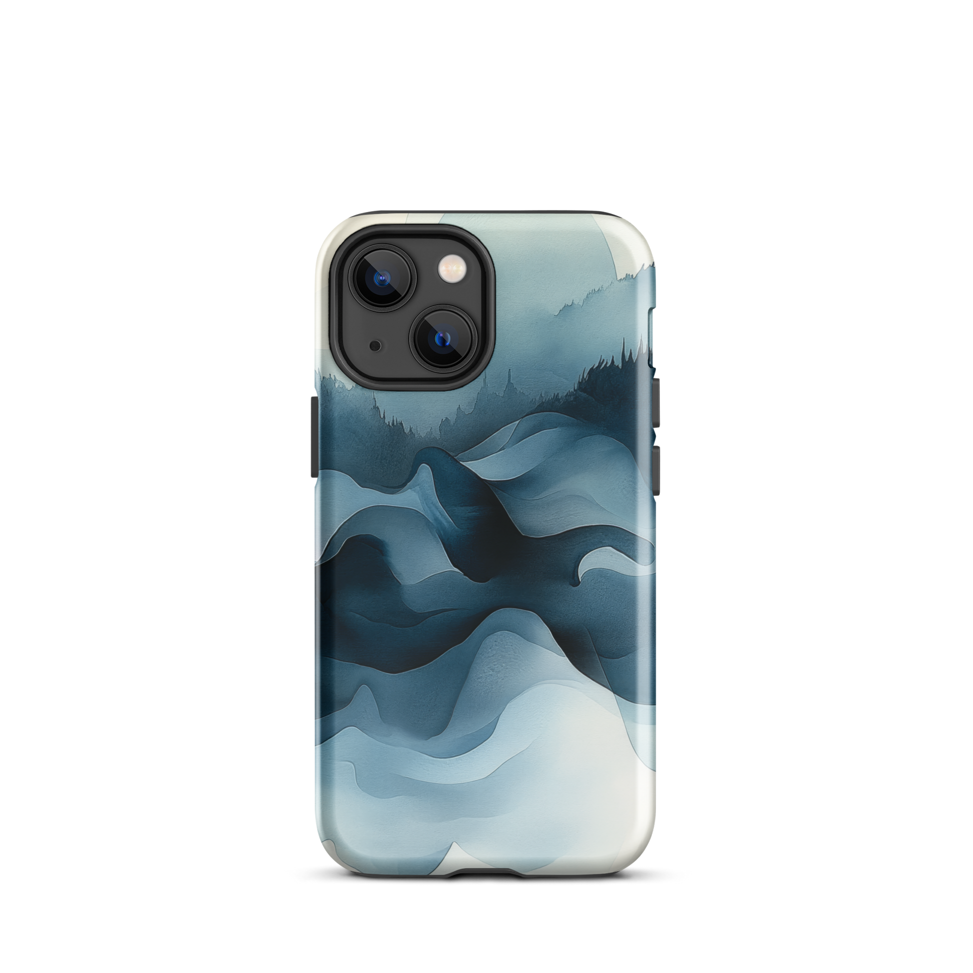 A calming abstract landscape protective phone case inspired by quiet valleys and soft blue tones.