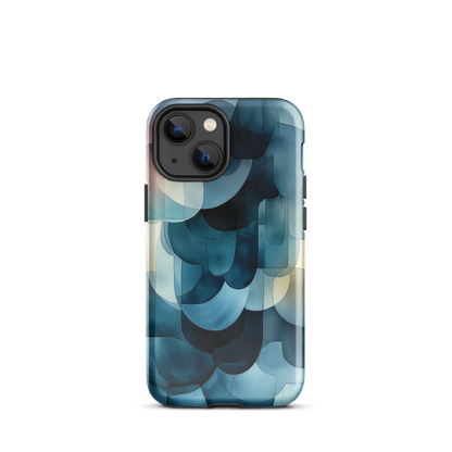 A modern abstract phone case featuring layered blue forms and soft flowing shapes.