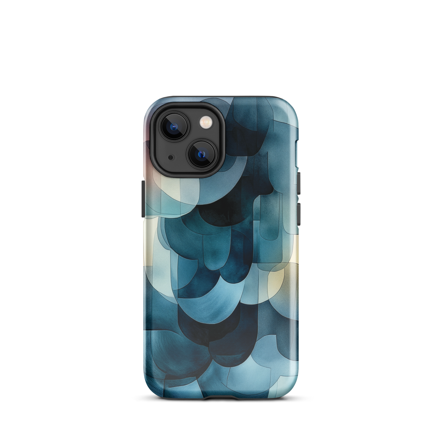 A modern abstract phone case featuring layered blue forms and soft flowing shapes.