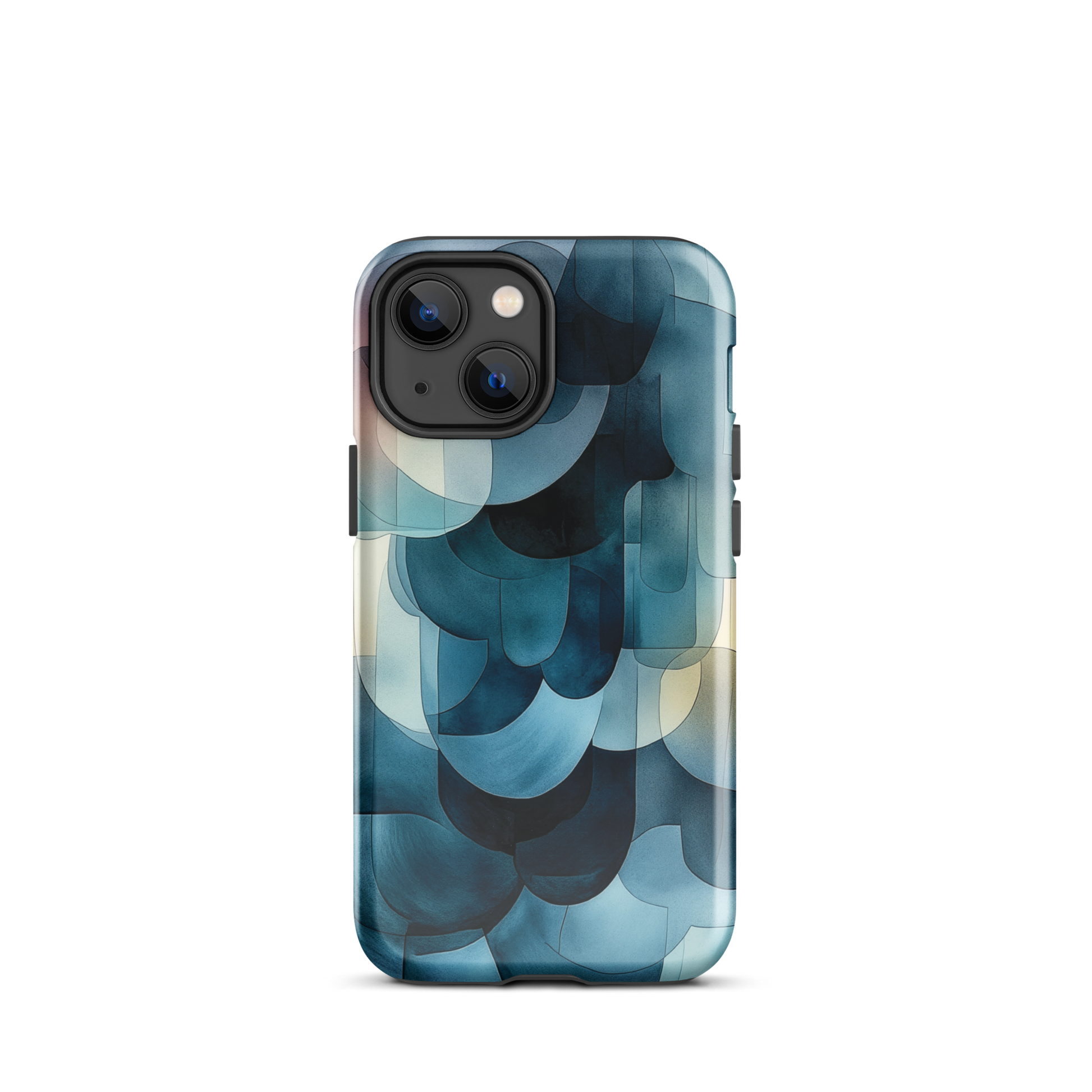 A modern abstract phone case featuring layered blue forms and soft flowing shapes.