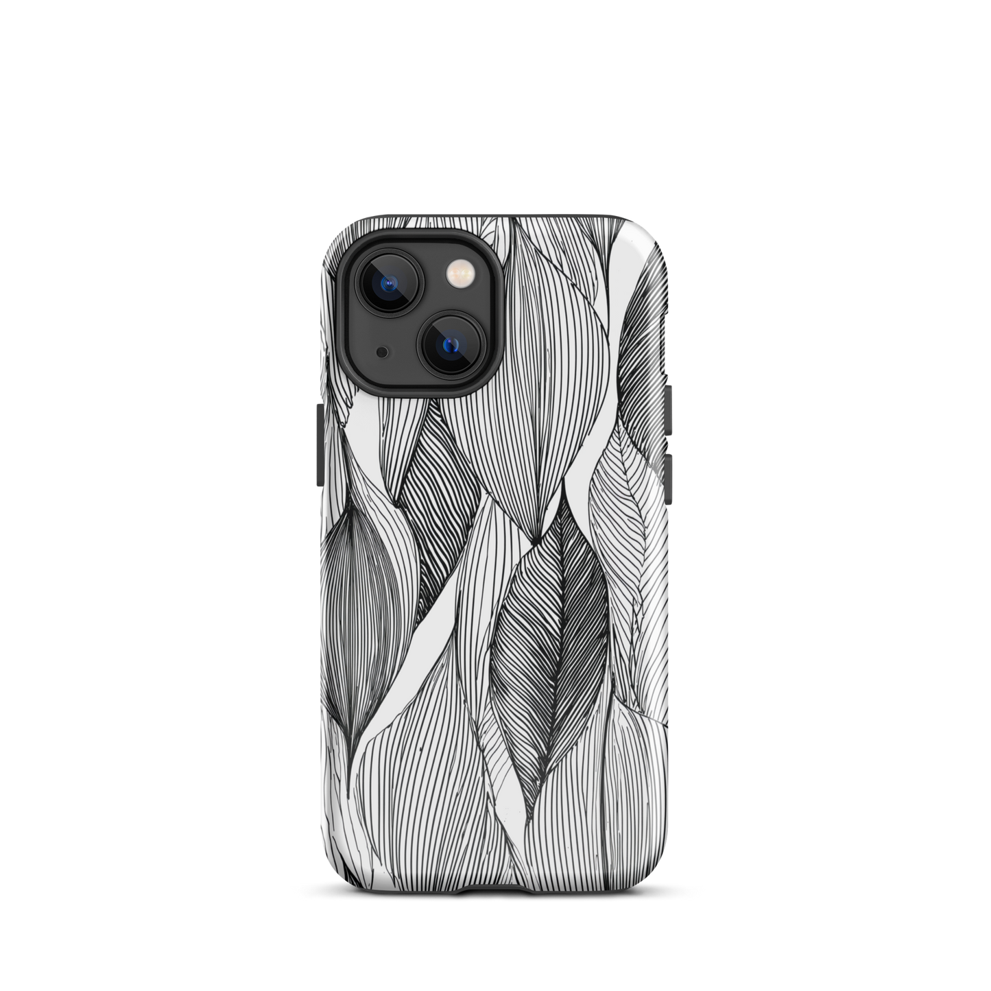 A minimalist phone case featuring fine black botanical linework in a repeating leaf pattern.